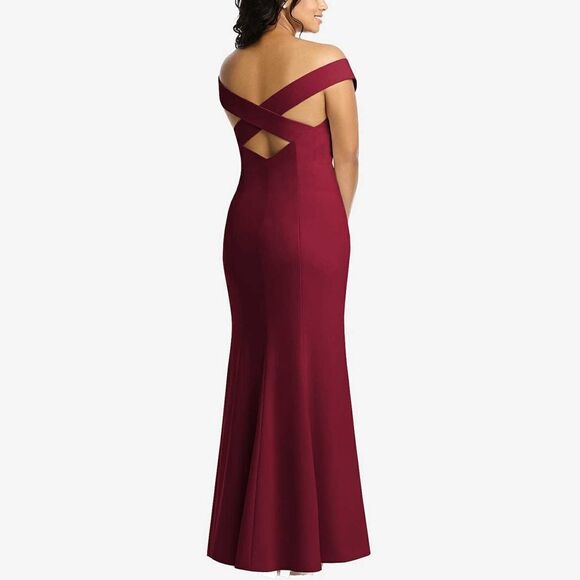 DESSY COLLECTION Off the Shoulder Trumpet Gown Size 14 Burgundy Red Holiday Slit - Picture 1 of 11
